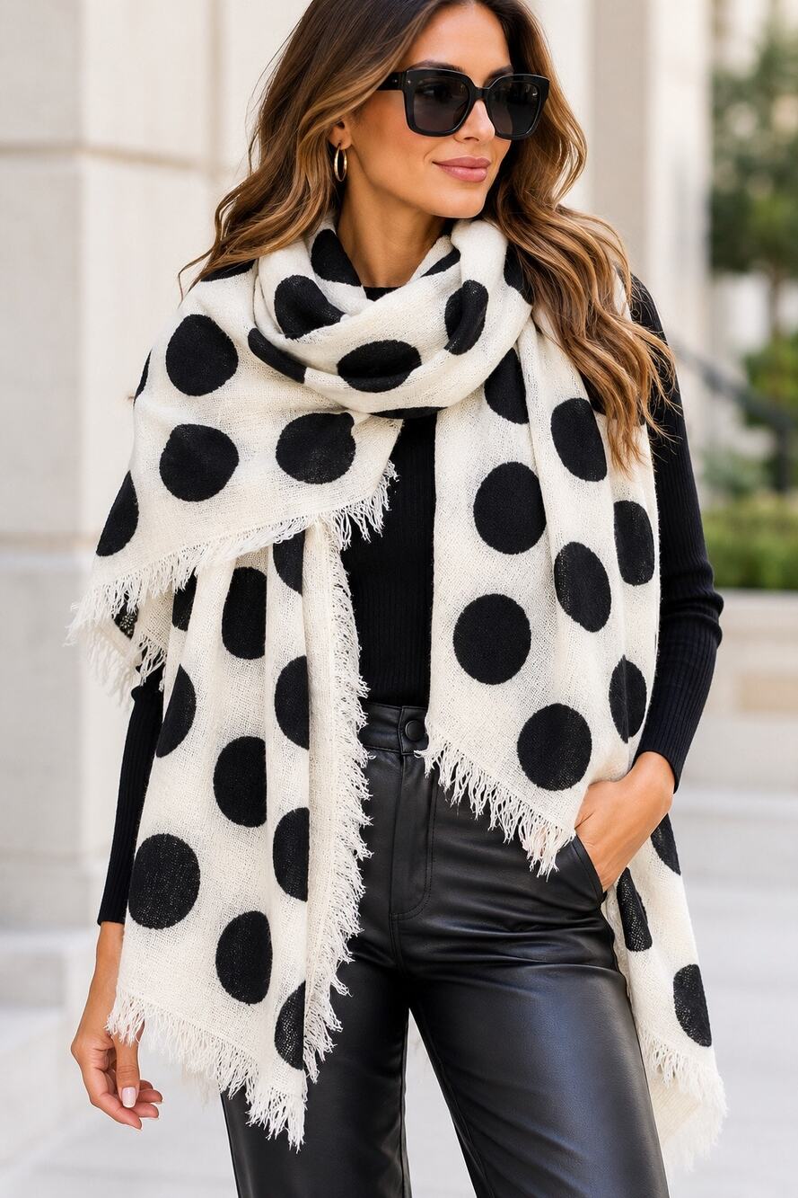 Zara Accessories Oversized Polka Dot Scarf Wrap Black Ivory Fringe 100% Acrylic
